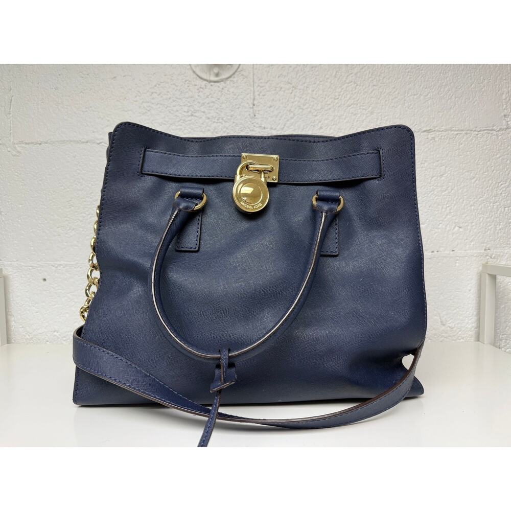 Michael Kors Hamilton Large Navy Saffiano Leather Gold Tote Bag Women's OS